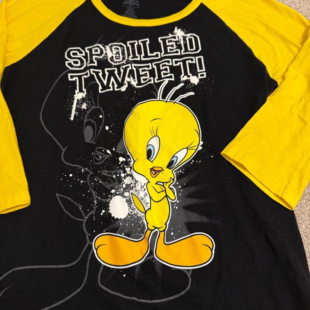 Looney Tunes Tweety Bird Raglan Tee Junior XXL‎ Black Yellow Spoiled Tweet Shirt - Picture 2 of 6